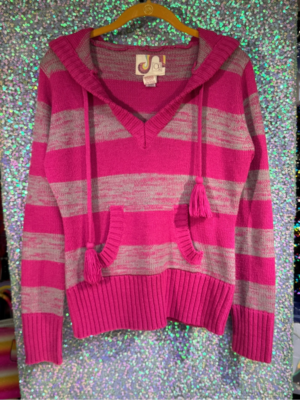 VTG OP Pink & Gray Striped V-Neck Tassel Hooded Sweater